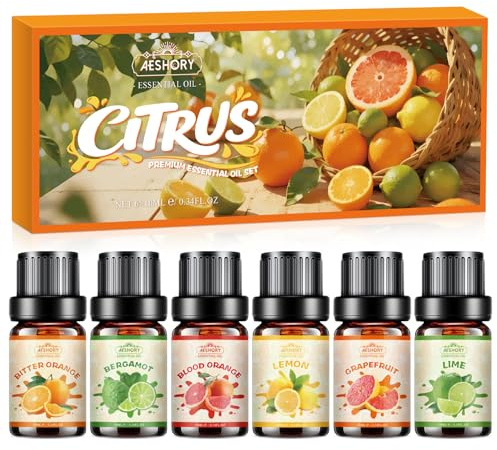 AESHORY Oli Essenziali per Diffusori Agrumi 6x10ml, Olio Essenziale Naturali Puri Profumate per Candele Fai Da Te, SPA, Massaggi, Arancia Amara, Bergamotto, Pompelmo, Limone, Arancia Rossa, Lime