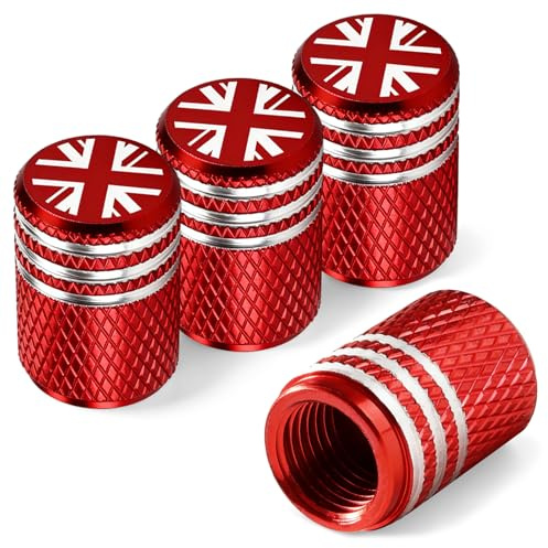 4 Pack Union Jack Metal Alloy Tyre Valve Caps, Corrosion Resistant (Red) | Aluminum Dust Caps for Car Tyres with O-Ring Seal, Universal Tire Valve Stem Caps for Cars SUVs Motorcycles Bicycles Trucks