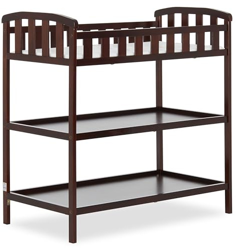 Dream On Me Emily Changing Table, Compact and Lightweight, Solid New Zealand Pinewood, Elevated Safety Rails, Two Storage Shelves, Includes Water-Resistant 1 Changing Pad — Espresso