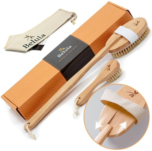 Belula Premium Dry Brushing Body Brush Set - Brossage a sec en poils de sanglier naturels, brosse pour le visage exfoliante & une paire de gants de douche. Sac et mode d'emploi gratuits & Idée cadeau
