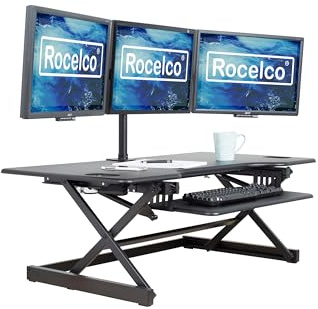 Rocelco 46 Large Height Adjustable Standing Desk Converter - Quick Sit Stand Up Triple Monitor Riser - Tall Gas Spring Assist Computer Workstation - Retractable Keyboard Tray - Black (R DADRB-46)