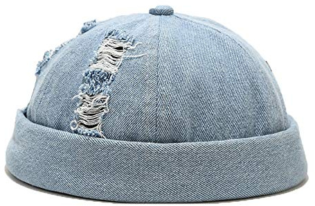 Docker keps för män kvinnor denim kantlösa mössor mössa arbetare sjöman rullad manschett retro hatt med justerbar, DZM67-BU, one size