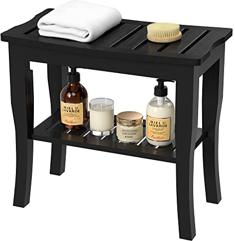Domax Bamboo Shower Benches for Inside Shower - Bathroom Bench Seat Waterproof Wooden Shower Stool with Storage Shelf for Adults Elderly Seniors Wood Shower Chair for Bathtub or Small Spaces, Black