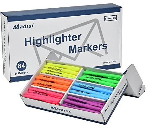 Madisi Highlighters, Chisel Tip, Assorted Colors, Bulk Pack, 84-Count