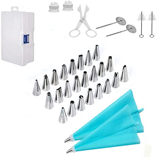 Set di sacchetti per tubazioni e ugelli, 34 kit per tubazioni per torte con 24 ugelli per tubazioni per torte, 2 spazzole per la pulizia, 2 unghie per fiori e così via per decorare torte fai da te
