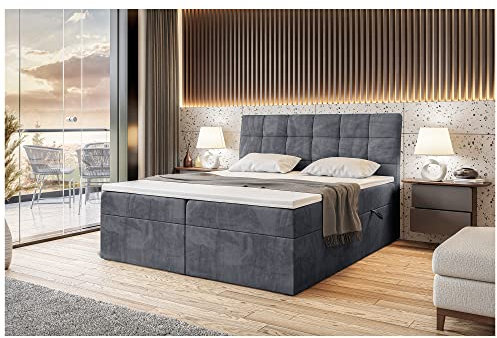 MEBLINI Boxspringbett mit Bettkasten - Gepolstert Doppelbett mit Matratze und Topper - Polsterbett mit Stauraum - Bett mit Kopfteil - Stauraumbett - Drago - 180x200 - H3/Dunkelgrau Samt