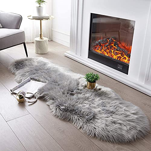 JXLOULAN Fluffy Faux Sheepskin Rug Grey 80x180 cm- Hypoallergenic Non-Shedding Area Rug for Living Room/Bedroom/Kids Room, Cloud-Like Soft & Machine Washable