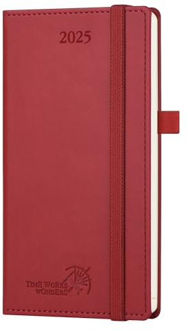 POPRUN Taschenkalender 2025 Klein 16,5 x 9 cm (Jan.2025-Dez.2025) - Kalender 2025 Klein mit PU-Leder - Terminplaner, Planer 1 Woche 2 Seite mit Stiftschlaufe - Burgunderrot