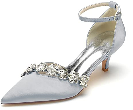 Gycdwjh Bridal Scarpe Sposa Satin Tacchi Alti Sandali Sposa Matrimonio Scarpe Donna Decollete con Tacco Gattino Punta Chiusa a Punta Pumps Tacco Alto,Argento,43 EU