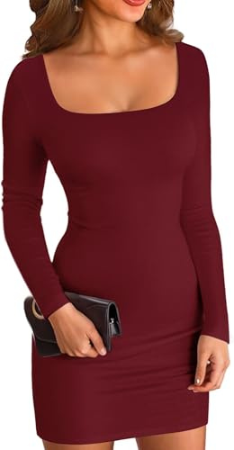 ELFIN Mini Robe côtelée à Manches Longues pour Femme Col carré Sexy pour fête Club Coupe ajustée Rouge Bordeaux, XL
