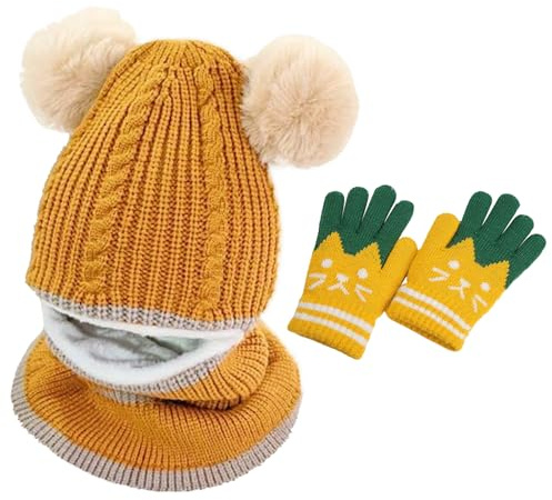 TYXHXTF Barn vinterhatt, balaklava skidhatt, och handskar, vinterhalsduk och barnhatt, med pompoms, Vit, Taglia unica-6 mesi