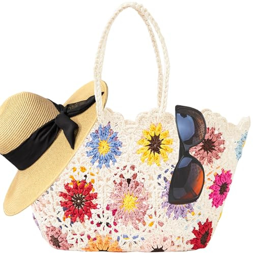 Beach Bags for Women Straw Tote Bag Floral Straw Bag Beach Straw Bag Large Tote Handbag Summer Beach Bag for Vacation Holiday (Colorful)