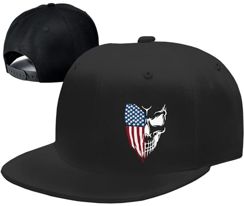 Skull American Flag Hat Snapback Hats for Men Flat Bill Hats for Men Fitted Black Baseball Cap Rock Hip Hop Cool Trucker hat for Mens Skeleton Flat Brim dad Gifts Skateboard Accessories