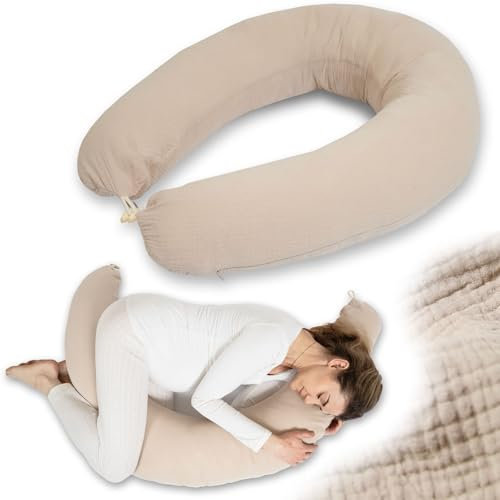 PaLulli® Ergonomisches XXL Stillkissen 190x30 cm mit Bezug aus Bio-Musselin Baumwolle - ideales Schwangerschafts- & Seitenschläferkissen, Komfort und Unterstützung für Erwachsene und Mütter (Beige)