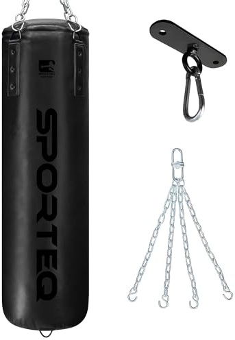 Sporteq Dyno Heavy Filled Punch Bag 3FT, 4FT & 5FT for All Ages & Genders | Punching Martial Arts Kickboxing Muay Thai Karate Boxing | Home & Commercial Gym Use (Matt Black, 4FT)