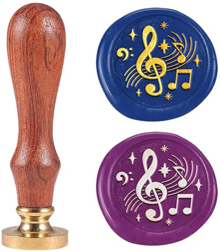 DELORIGIN Sceau de Cire en Laiton avec Motif de Notes de Musique Tampon en Relief Amovible 1 tête de Sceau de Cire avec Manche en Bois pour Anniversaires Invitations Cartes de Vœux