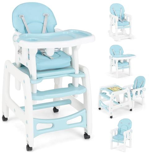 COSTWAY 5 en 1 Tronas de Bebe, Trona Bebe Portatil con 2 Bandeja Extraíble de 4 Posiciones, Cojín, Respaldo de 3 Niveles, Silla de Comer para Bebe, Trona Evolutiva Bebe para 6-72 Meses (Azul)