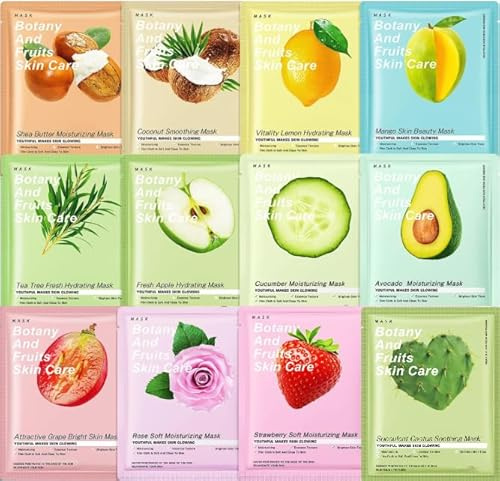 Organic Face Masks,Beauty Face Mask Multipack Sheet,Skincare Facial Mask Sheets,Anti-Aging Facial Masks,12 Sheets.