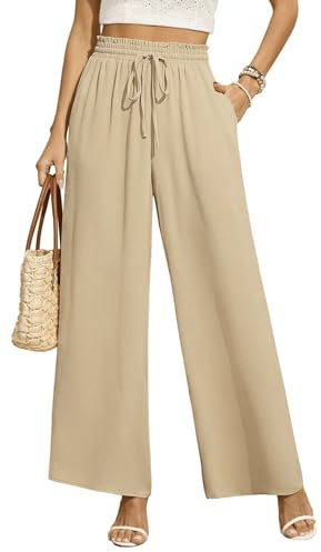 Cegerne Lino Pantaloni Donna Pantaloni Estivi Casual Leggero Palazzo Vita Alta Tinta Unita Casual con Tasche e Coulisse, Beige, M