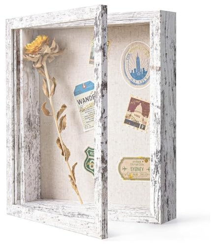 Miawtro 3D Bilderrahmen Zum Befüllen 25x20 cm, Bilderrahmen Tief Zum Befüllen für Fotos, Objektrahmen Holz Retro zum Aufhängen oder Stehend, Medaillen, Blumen, Hochzeitsstrauß, Erinnerungsstücke