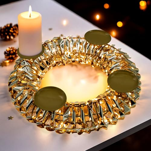 Corona dell'Avvento in oro 250 LED con timer e telecomando, 32 cm, con 4 portacandele, luce bianca calda, illuminata con 8 funzioni, ghirlanda decorativa natalizia