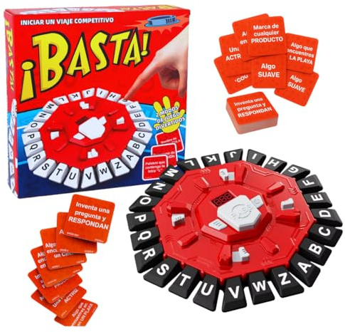 ¡BASTA! Gioco da tavolo in spagnolo, 2 modalità di gioco, design ottagonale con 24 lettere, set di parole, include 35 carte con 140 categorie, ideale per bambini e adulti (rosso e nero)