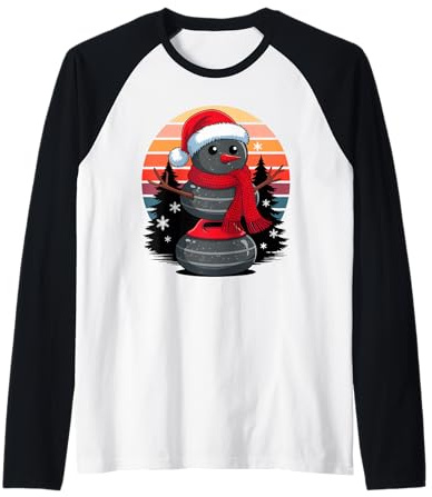 Navidad Muñeco De Nieve Curling Piedra X-Mas Curler Camiseta Manga Raglan