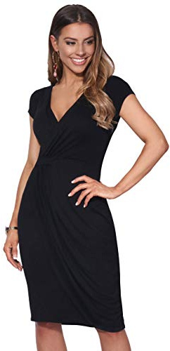 KRISP Cap Sleeve Jersey Wrap Bodycon Midi Dress, 8, Black, 6678-BLK-08
