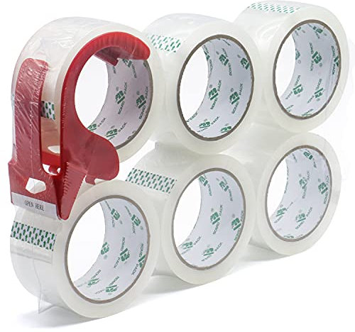 BOMEI PACK Packband Paketklebeband Transparent mit Plastik Abroller, Paketklebeband 48mmx66m, 6 Rollen