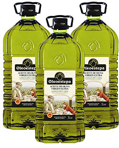 Oleoestepa - Aceite de Oliva Virgen Extra 5L –- Pack 3x5L –- DOP Estepa – Extracción en Frío – Variedades de la Comarca– Producción Sostenible –Frituras, Guisos, Sopas Frías y Escabeches.
