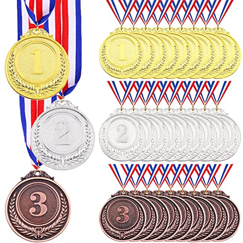 Swpeet Médailles de récompense en métal doré et argenté avec ruban, les jeux de bureau et le sport – 1er 2e 3e place (kit de médailles de récompense,30 pièces)