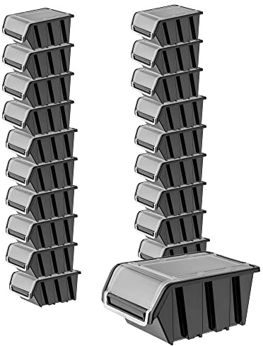 KADAX Stapelkiste mit Deckel, Lagerbox aus PP Kunststoff, Sichtlagerbox in verschiedenen Größen und Farben, Lagerboxen mit Klappe für Werkzeugswand (Schwarz, 20 Stück - 195x120mm)