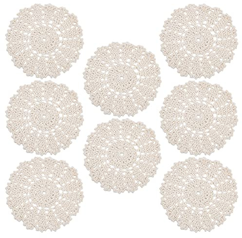 GLOBLELAND 8 Pcs Napperons en Coton Dentelle Crochet - Vintage Tressé Fleur Coaster Cornsilk Ronds Beige - Fait Main Tapis de Table Macramé