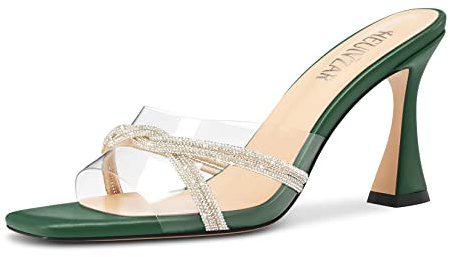 HEUIVZAR Femmes Mi Kitten Talon Heel Ouvert Carré Bout Mules Chaussures Slip-on Diamant Cristal Danse Clear Été Chaussures Vert Foncé 41 EU