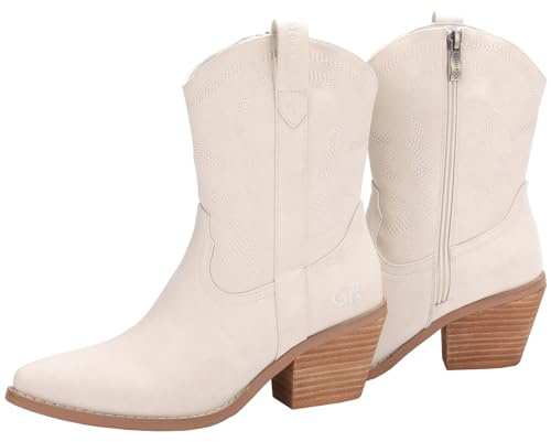 gioanroca Western Cowgirl Ankle Boot for Women with Embroidered Comfy Fashion Vintage Boot Wide Calf Horse Riding Pointed Toe Cowgirl Short Booties (Beige, 11)