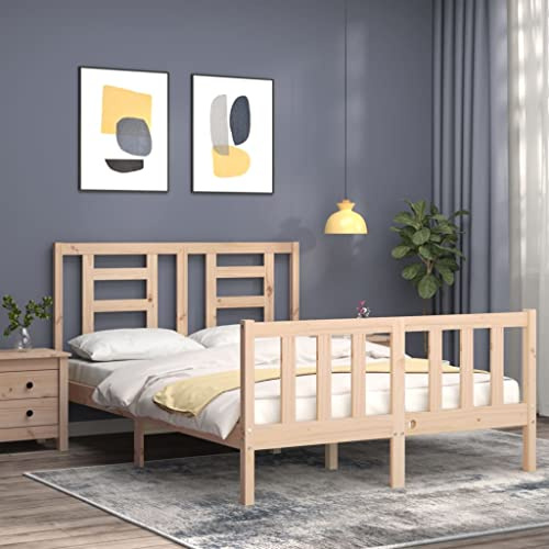 Cadre de lit en bois massif vidaXL, 140x190 cm, lit double, rustique, brun, avec tête de lit et pied de lit fonctionnels, sans sommier nécessaire