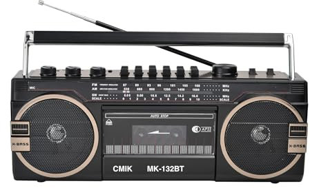 WHIPIN Portable Boombox CD Tape Player,Cassette Player Radio,Classic 80s Style Retro Bluetooth Cassette Recorder and AM/FM Radio Speaker,Cassette Recorder for Family Gathering Travel (Color : Black)