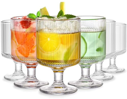 DEAYOU Set of 6 Ribbed Vintage Wine Glasses, 8 oz Clear Fluted Water Goblet Glasses, Unique Short Stem Cocktail Glasses for Iced Tea, Juice, Whiskey, Beer, Dessert, Party