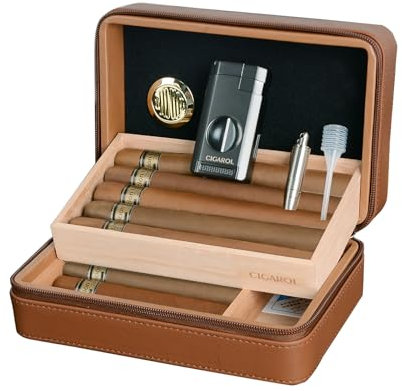 Volenx Humidor Zigarren, Zigarrenetui Leder mit Feuerzeug, Tragbarer Reisehumidor mit Zedernholzeinlage Hält bis zu 10 Zigarren, Tolle Zigarren Geschenk Set für Männer (Braun)