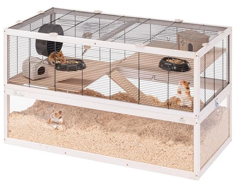 Ferplast Gabbia per Criceti DOMSTER, Gabbia per Topolini, 3 Piani, Con Accessori, Piattaforme e Scalette, Metallo Verniciato e Legno FSC, Base Trasparente, Gabbia Legno Criceto 100 x 50 x h 61 cm,