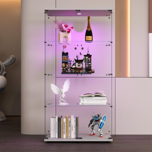 BursDany vitrina de cristal con LED, armadura de vitrina para colección moderna con 2 puertas y 4 estantes de vidrio ESG, para bar o salón 164 x 80 x 36 cm, color blanco