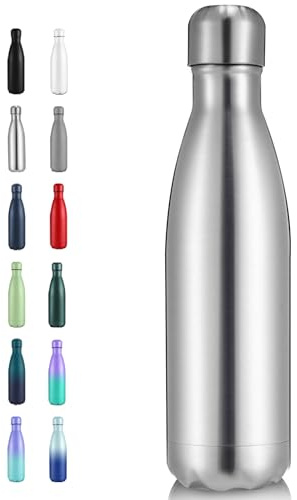 Volhoply 500ml Insulated Stainless Steel Water Bottle, Double Wall Vacuum Flask, Keeps Cold 24h & Hot 12h, Available in Packs of 1 or 4（Silver,1 Pack