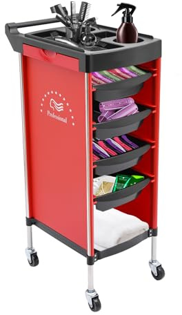 Czyurachel Chariot de coiffure, de salon avec 6 niveaux et 4 tiroirs, charge maximale de 50 kg, chariot cosmétique avec roulettes, chariot de travail pour styliste, coiffeur, SPA, noir et rouge