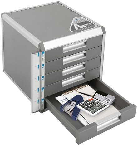 TONFEION Schubladenbox A4, 5 Fächer Aktenschrank Abschließbar Büro Organizer aus Metall für Dokumente, 31,5x35cm, 380 Blatt pro Schublade, Ablagefächer Stapelbar mit Schlüssel und Etiketten