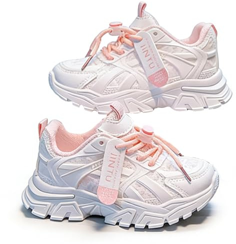 Girls Trainers Kids Sports Running Shoes Toddler Sneakers Breathable Soft Walking Tennis Easy Fasten Mesh Upper Non-Slip Thick Chunky Sole Pink 2 UK
