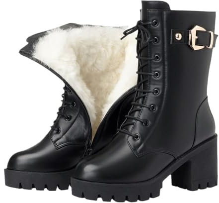 Glamidea Bottines en Peluche pour Femmes avec Fermeture Éclair et Boucle D'hiver Noires Élégantes à Lacets Bottes de Moto à Plateforme avec Talon Bloc Chaudes et Doublées de Loisirs