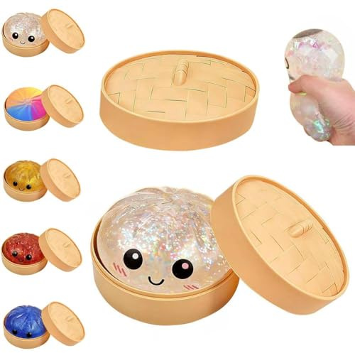 Colorful Dumpling Squishes Stress Balls with Steamer, Cute Anxiety Relief Toy, Soft Squeeze Decompression Dough for Adults, Simulation Food Squishies Bun (Glitter White, 1pcs)