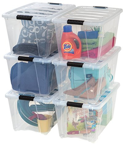 IRIS USA 54 Qt Stackable Plastic Storage Bins with Lids, 6 Pack - BPA-Free, Made in USA - See-Through Organizing Solution, Latches, Durable Nestable Containers, Secure Pull Handle - Clear
