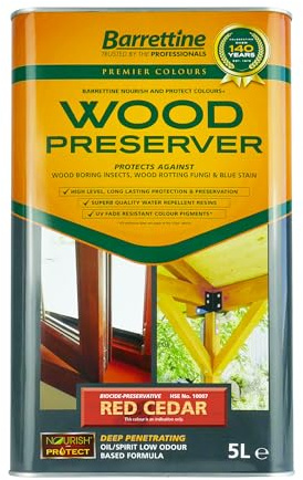 Barrettine Wood Preserver (Cedar Red, 5L) - UV Fade Resistant, Durable & Water Repellent Premier Wood Preserver, Deep Penetrating, Low Odour & Oil Based, Suitable for Outdoor & Indoor Use
