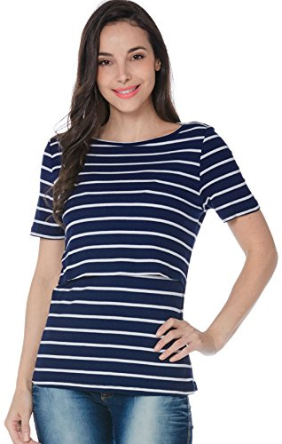 Smallshow Nursing Tops Women's Summer Short Sleeve Striped Breastfeeding T-Shirt,Navy Stripe,XXL